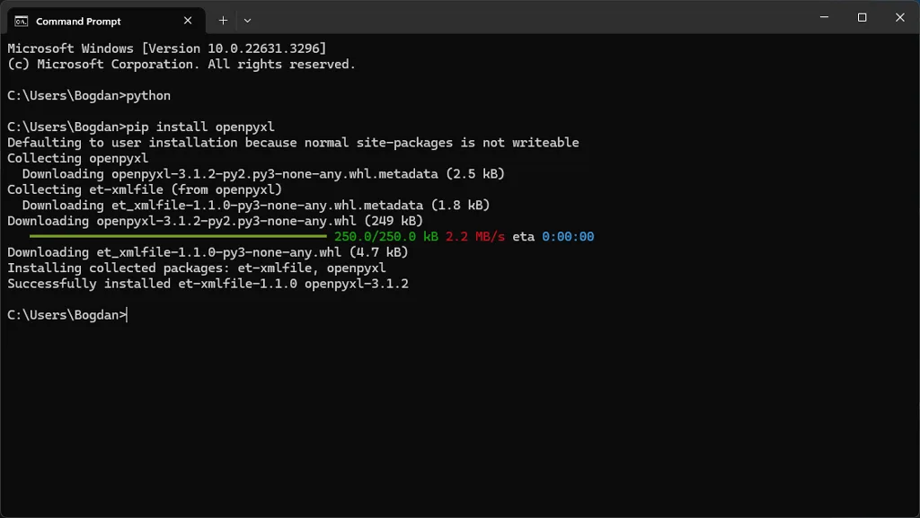 Install OpenPyXL library on your computer