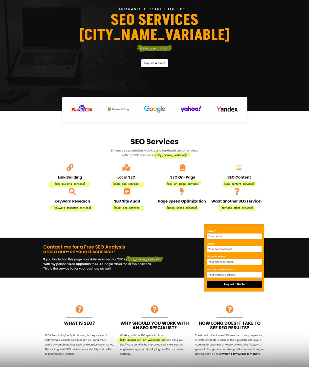 Programmatic SEO - Page wireframe with variables
